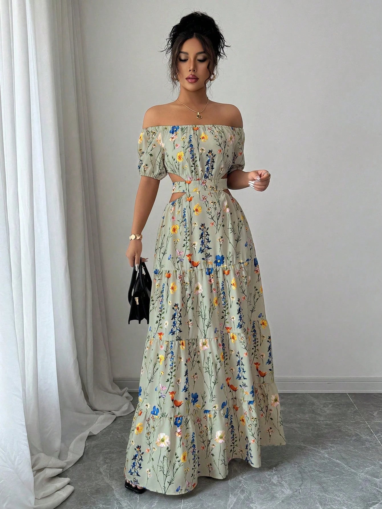 Elegant Floral Off Shoulder Smocked Waist Maxi Dress OMFORT