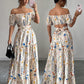 Elegant Floral Off Shoulder Smocked Waist Maxi Dress OMFORT