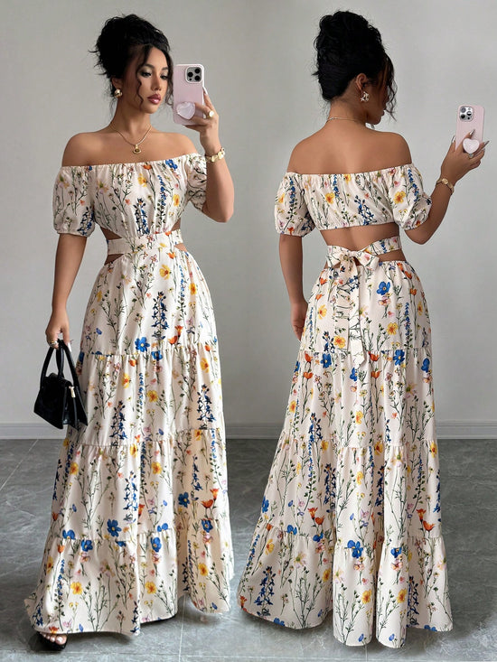 Elegant Floral Off Shoulder Smocked Waist Maxi Dress OMFORT