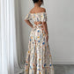 Elegant Floral Off Shoulder Smocked Waist Maxi Dress OMFORT