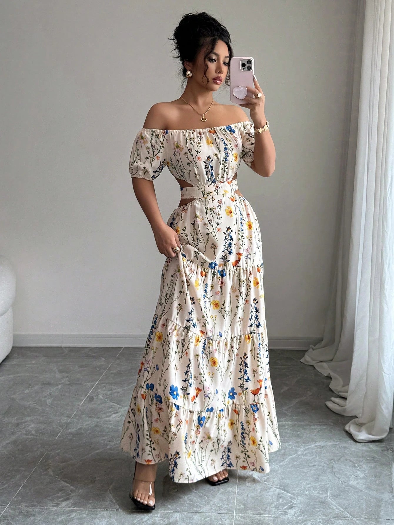 Elegant Floral Off Shoulder Smocked Waist Maxi Dress OMFORT