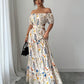 Elegant Floral Off Shoulder Smocked Waist Maxi Dress OMFORT