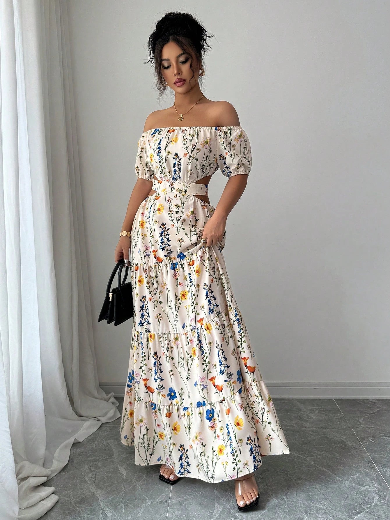 Elegant Floral Off Shoulder Smocked Waist Maxi Dress OMFORT