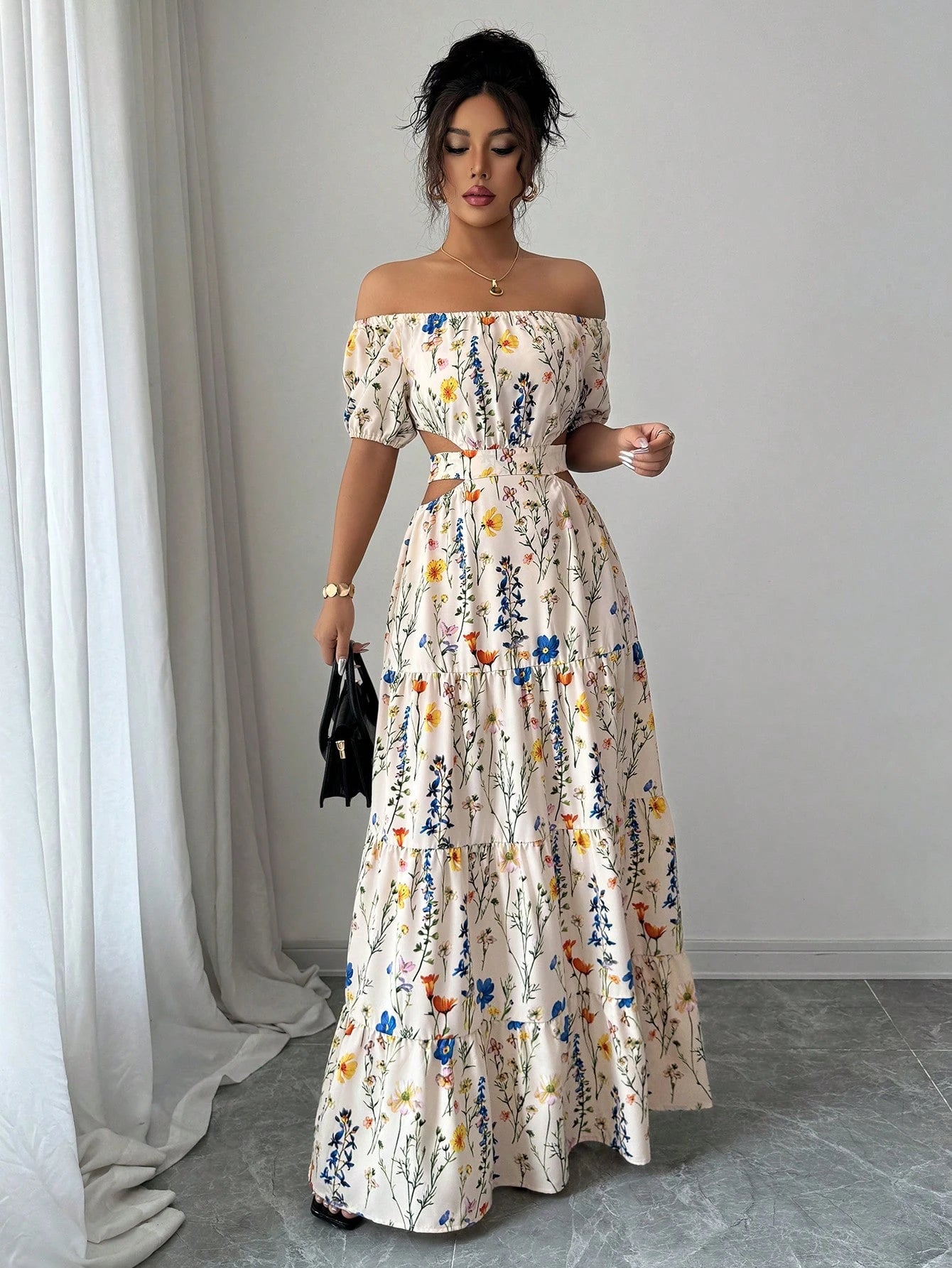 Elegant Floral Off Shoulder Smocked Waist Maxi Dress OMFORT