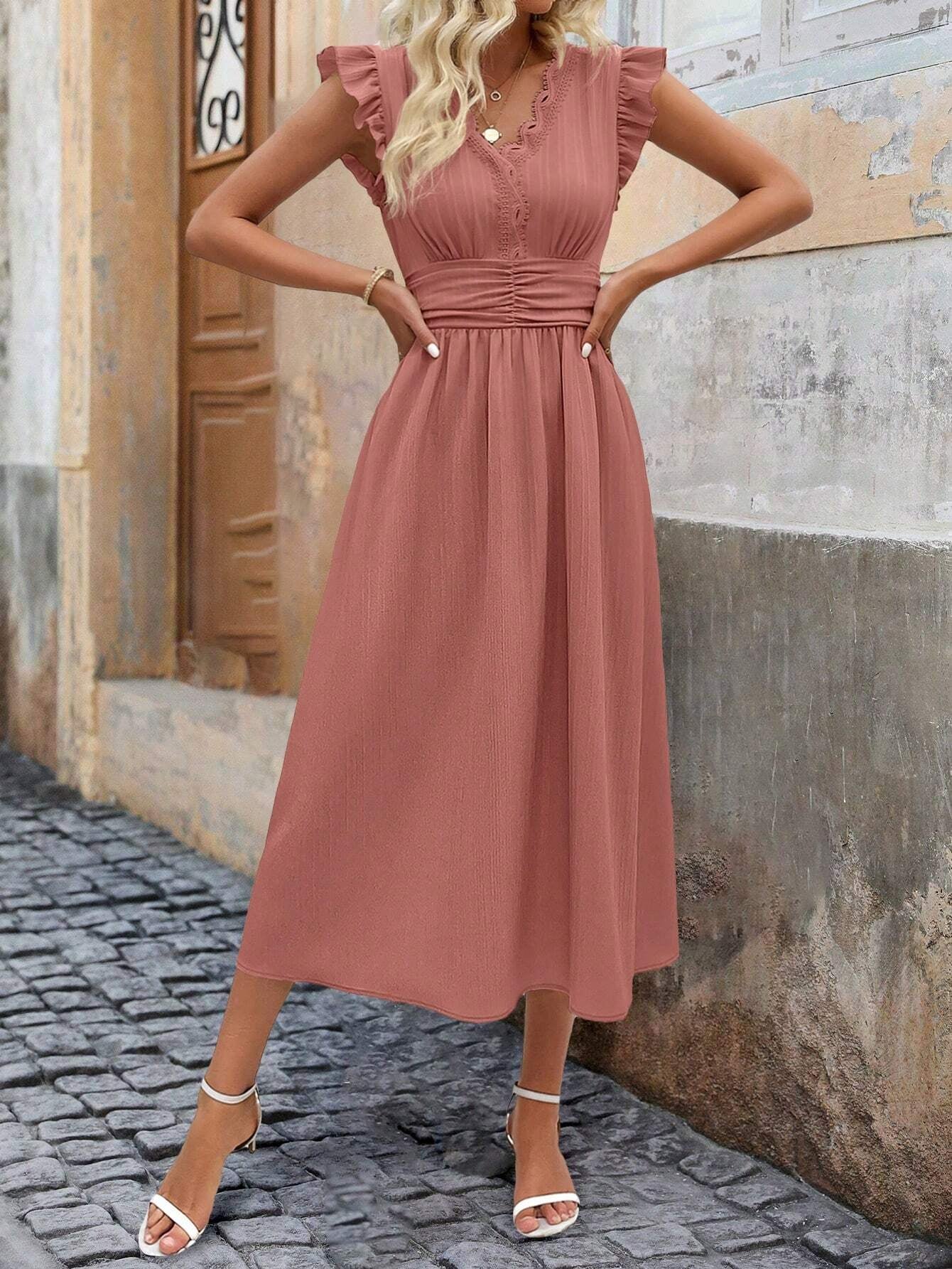 Clasi Ruffle Trim V-Neck Ruched Waist Midi Dress OMFORT