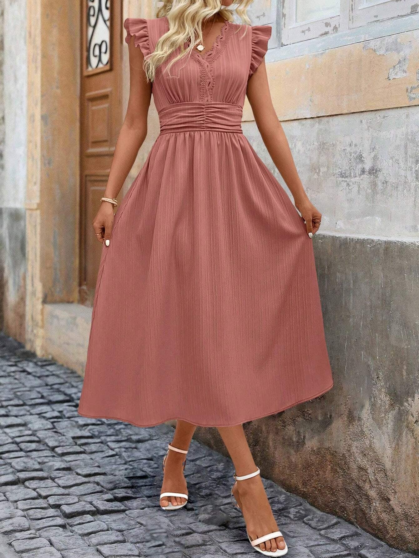 Clasi Ruffle Trim V-Neck Ruched Waist Midi Dress OMFORT