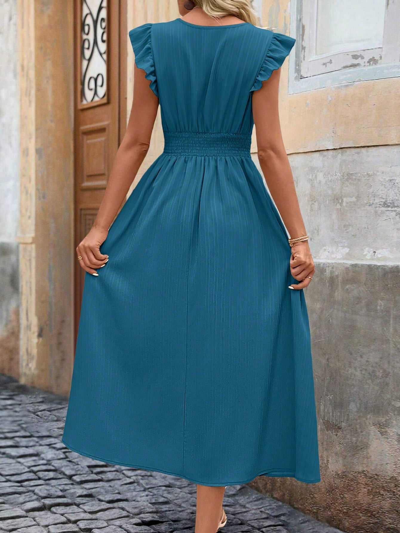 Clasi Ruffle Trim V-Neck Ruched Waist Midi Dress OMFORT