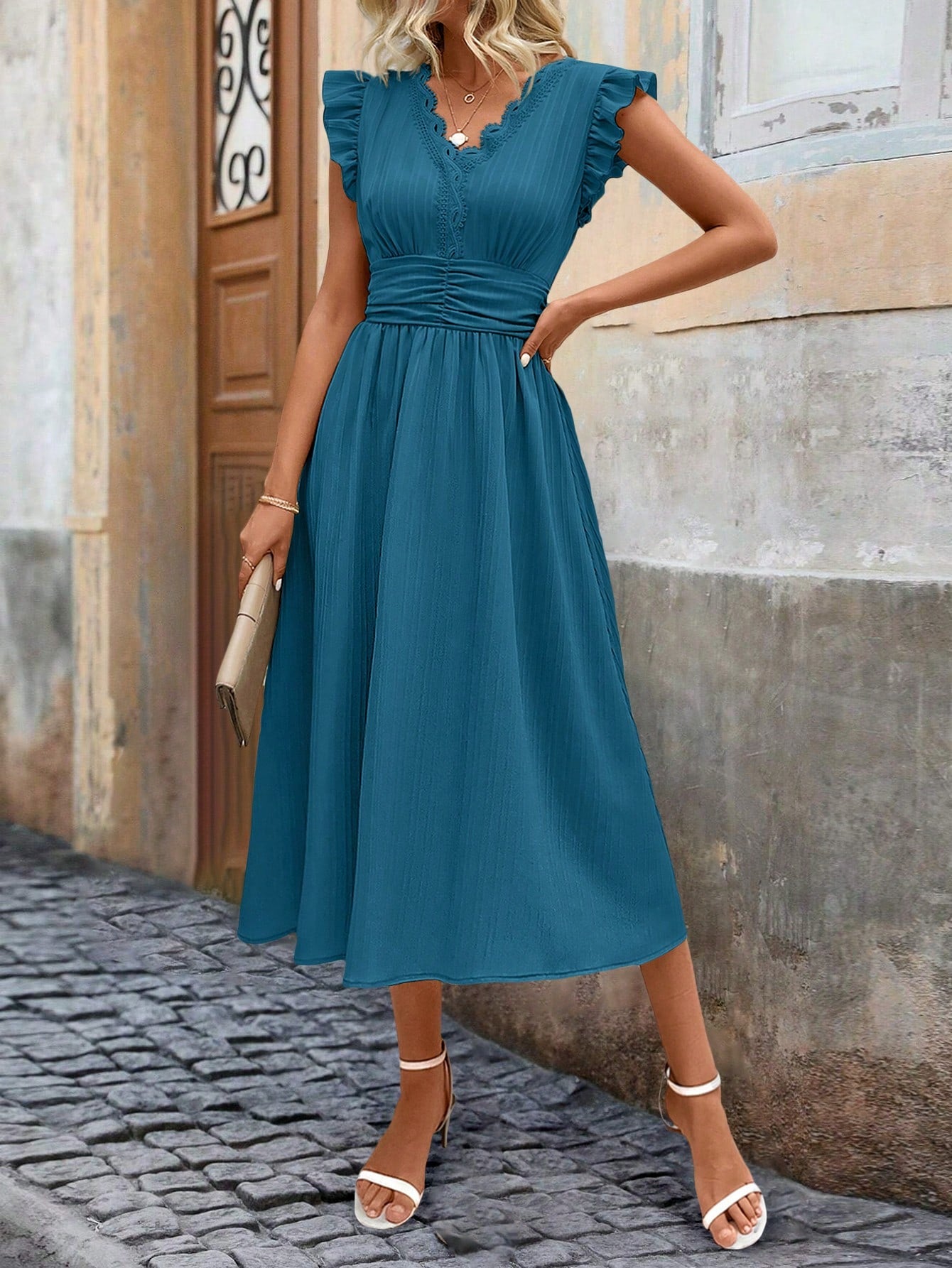 Clasi Ruffle Trim V-Neck Ruched Waist Midi Dress OMFORT