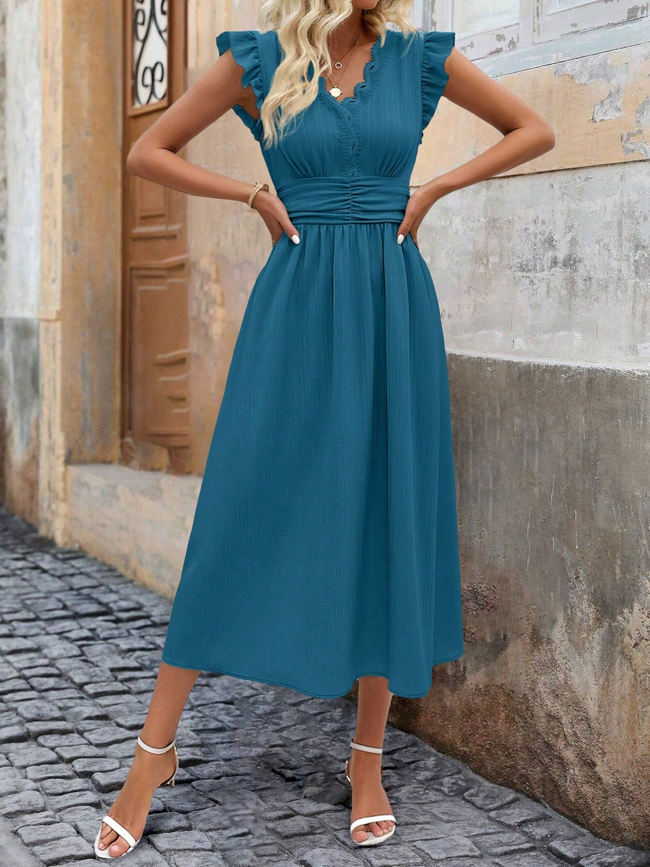 Clasi Ruffle Trim V-Neck Ruched Waist Midi Dress OMFORT