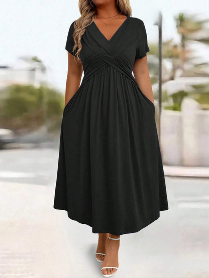 Soft V-Neck Short Sleeve Ruched Pocket Midi Dress OMFORT