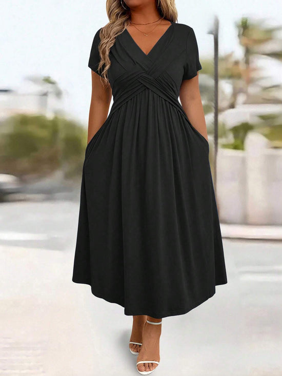 Soft V-Neck Short Sleeve Ruched Pocket Midi Dress OMFORT