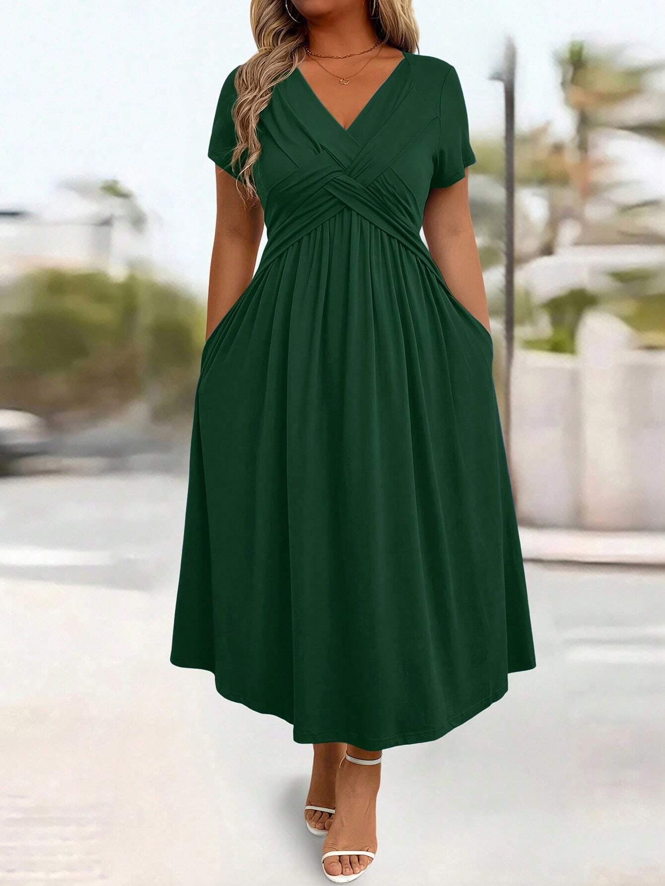 Soft V-Neck Short Sleeve Ruched Pocket Midi Dress OMFORT