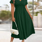 Soft V-Neck Short Sleeve Ruched Pocket Midi Dress OMFORT