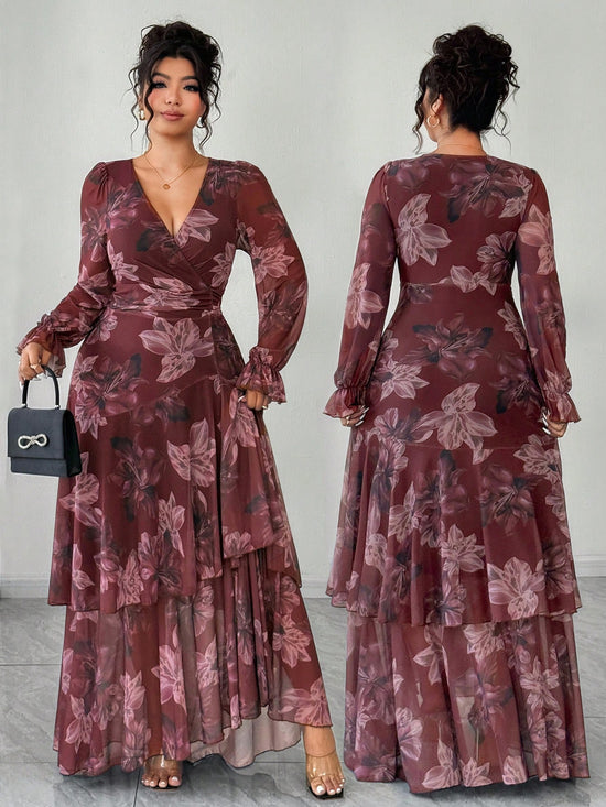 Floral Print Ruffle Hem High Stretch Cinched Waist Maxi Dress OMFORT