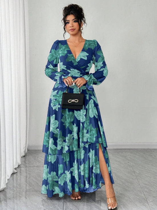 Floral Print Ruffle Hem High Stretch Cinched Waist Maxi Dress OMFORT