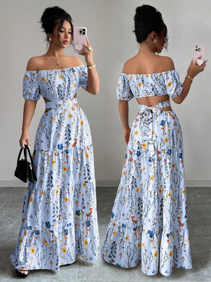 Floral Print Off Shoulder Hollow-Out Waist Elegant Maxi Dress OMFORT