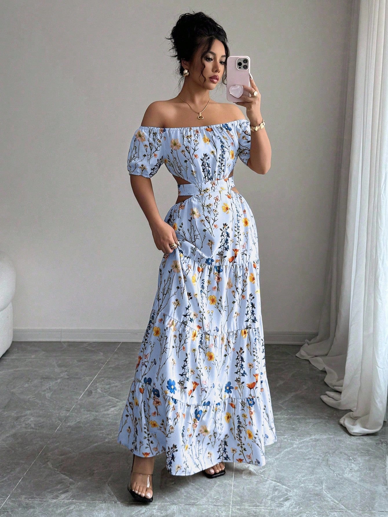 Floral Print Off Shoulder Hollow-Out Waist Elegant Maxi Dress OMFORT