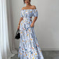 Floral Print Off Shoulder Hollow-Out Waist Elegant Maxi Dress OMFORT