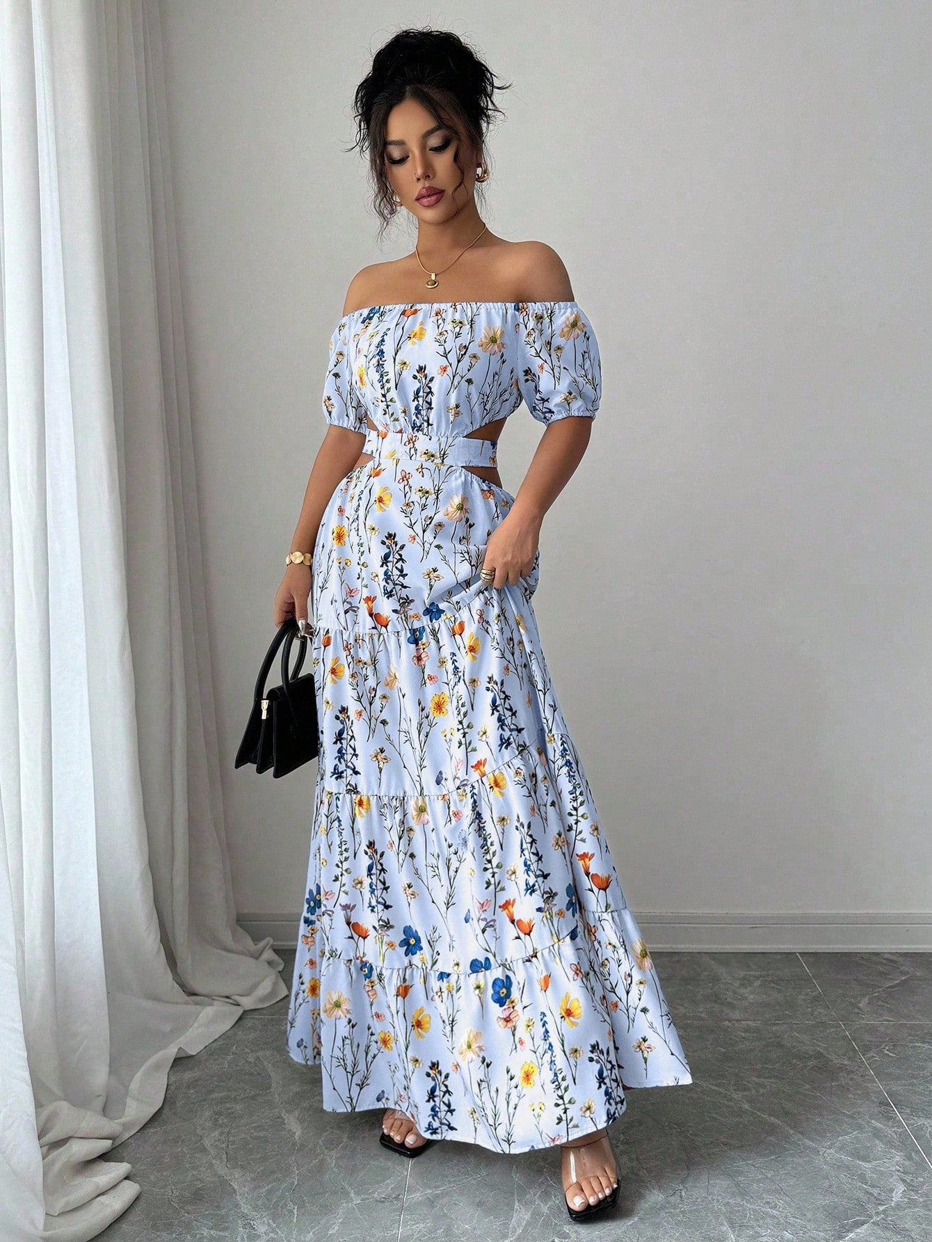 Floral Print Off Shoulder Hollow-Out Waist Elegant Maxi Dress OMFORT