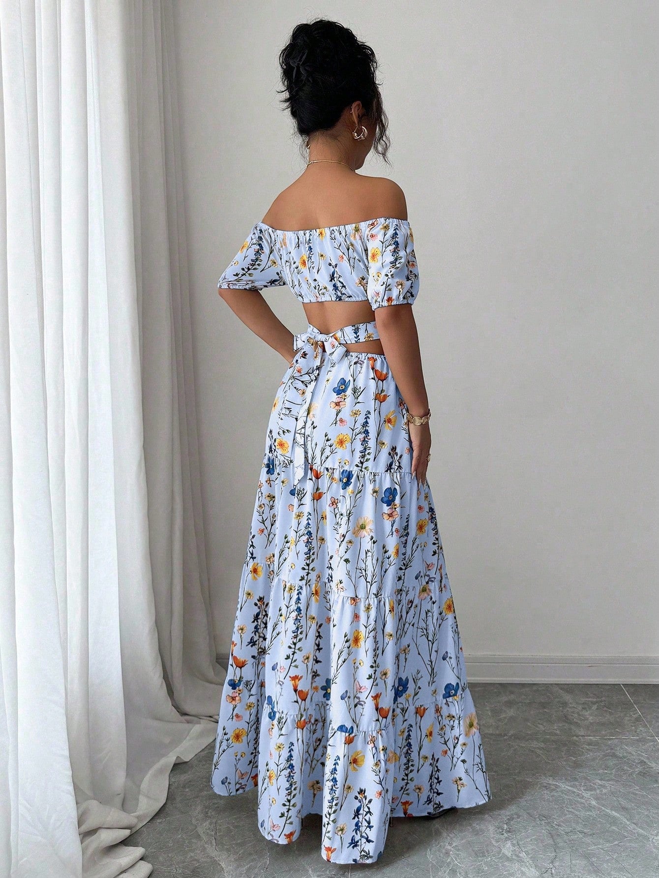Floral Print Off Shoulder Hollow-Out Waist Elegant Maxi Dress OMFORT