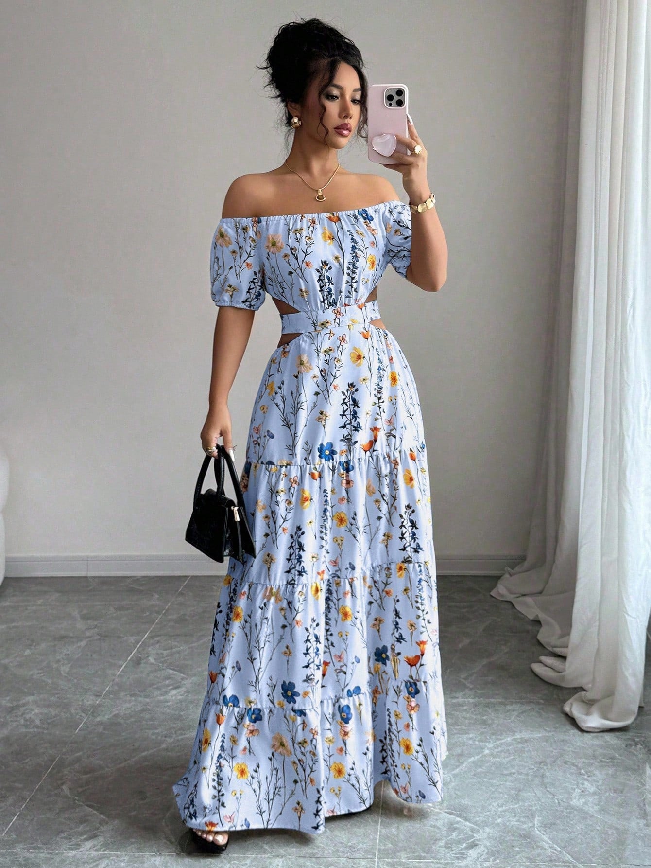 Floral Print Off Shoulder Hollow-Out Waist Elegant Maxi Dress OMFORT