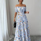 Floral Print Off Shoulder Hollow-Out Waist Elegant Maxi Dress OMFORT