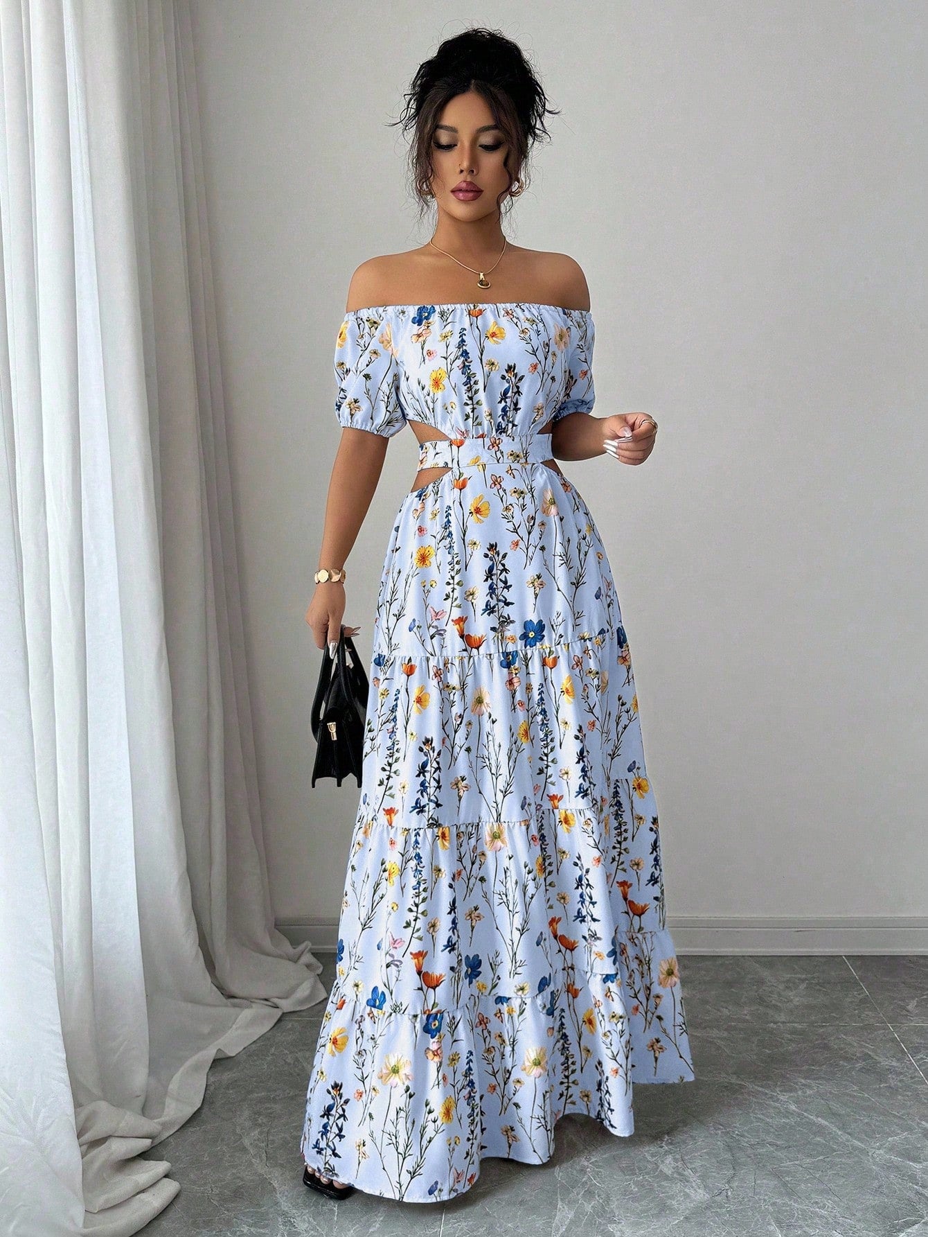 Floral Print Off Shoulder Hollow-Out Waist Elegant Maxi Dress OMFORT