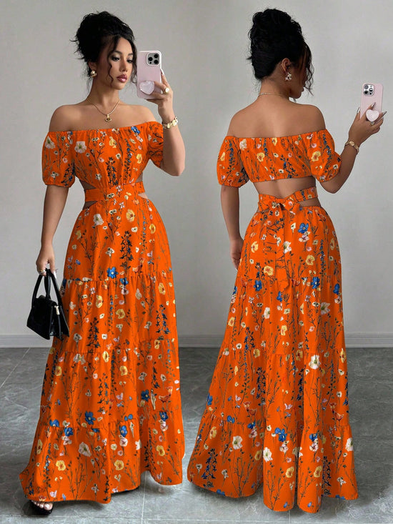 Floral Print Off Shoulder Hollow-Out Waist Elegant Maxi Dress OMFORT