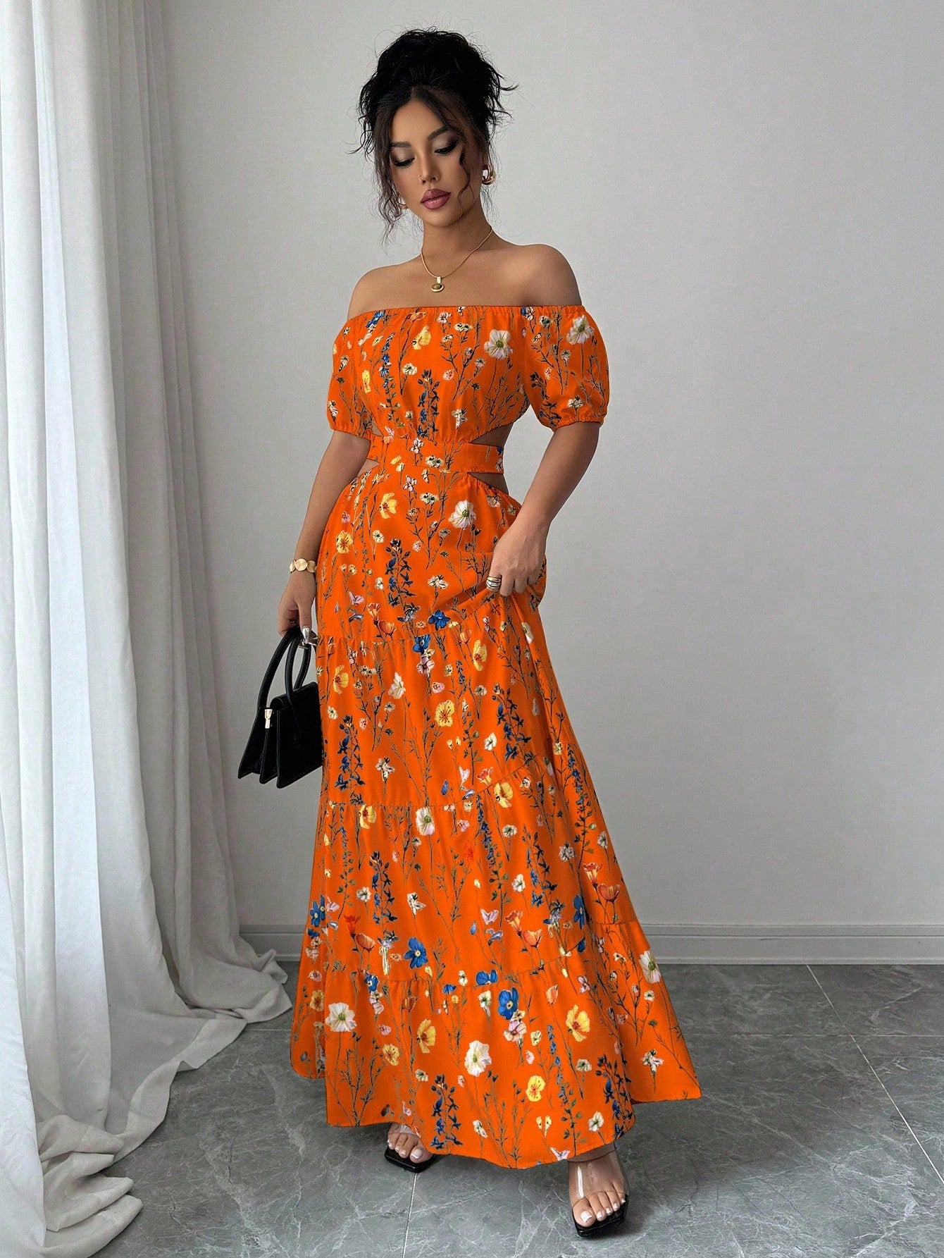 Floral Print Off Shoulder Hollow-Out Waist Elegant Maxi Dress OMFORT