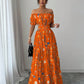 Floral Print Off Shoulder Hollow-Out Waist Elegant Maxi Dress OMFORT