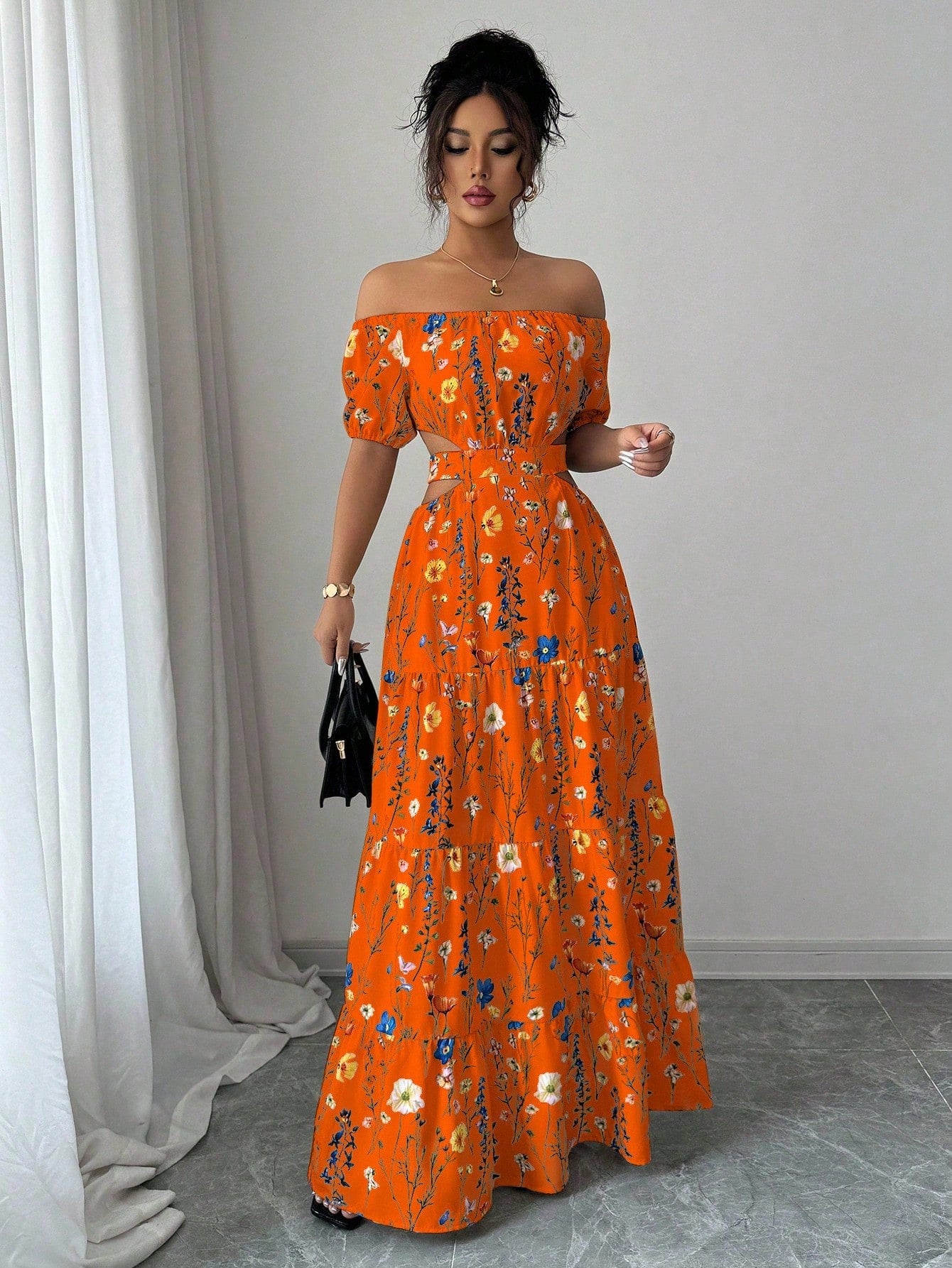 Floral Print Off Shoulder Hollow-Out Waist Elegant Maxi Dress OMFORT