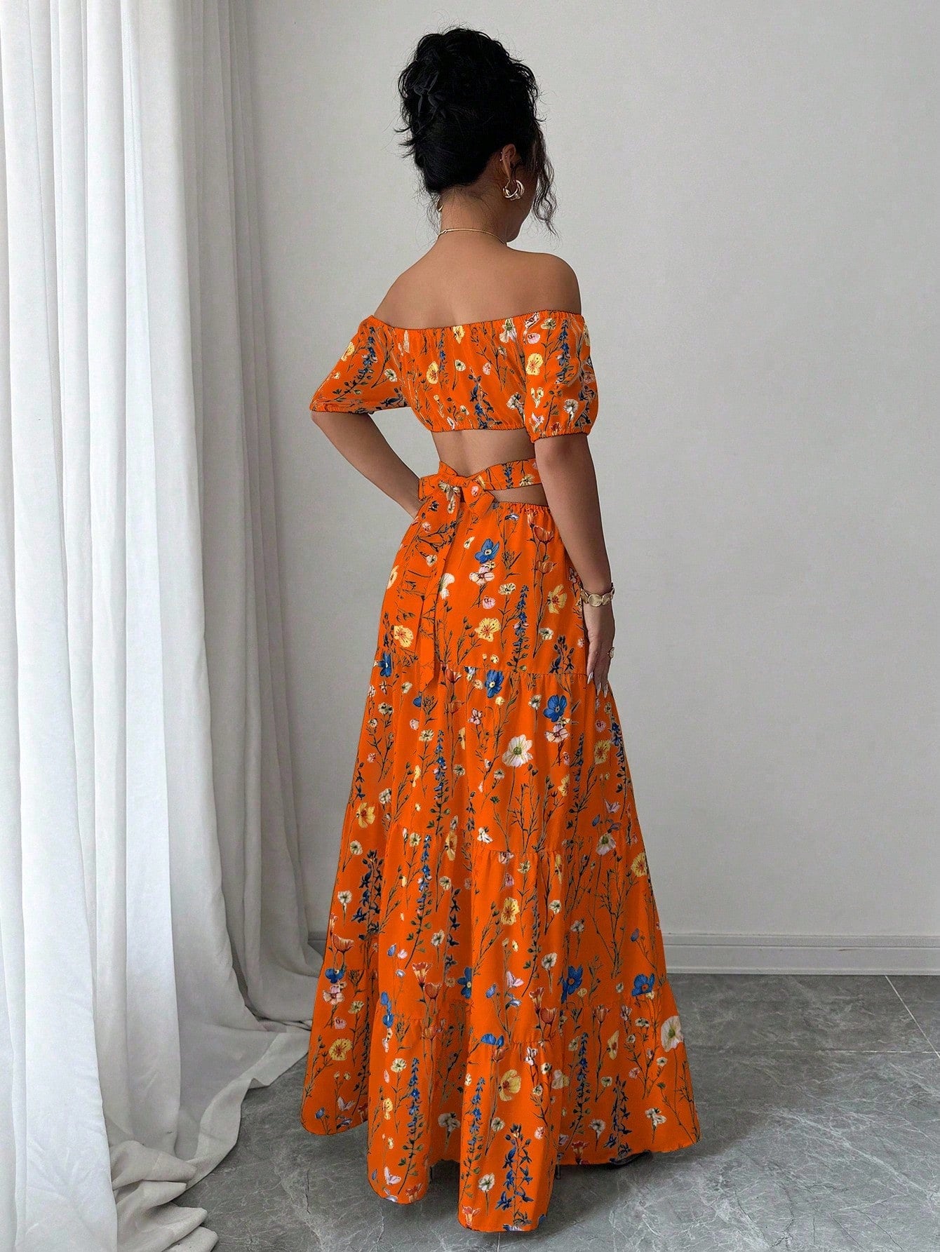 Floral Print Off Shoulder Hollow-Out Waist Elegant Maxi Dress OMFORT