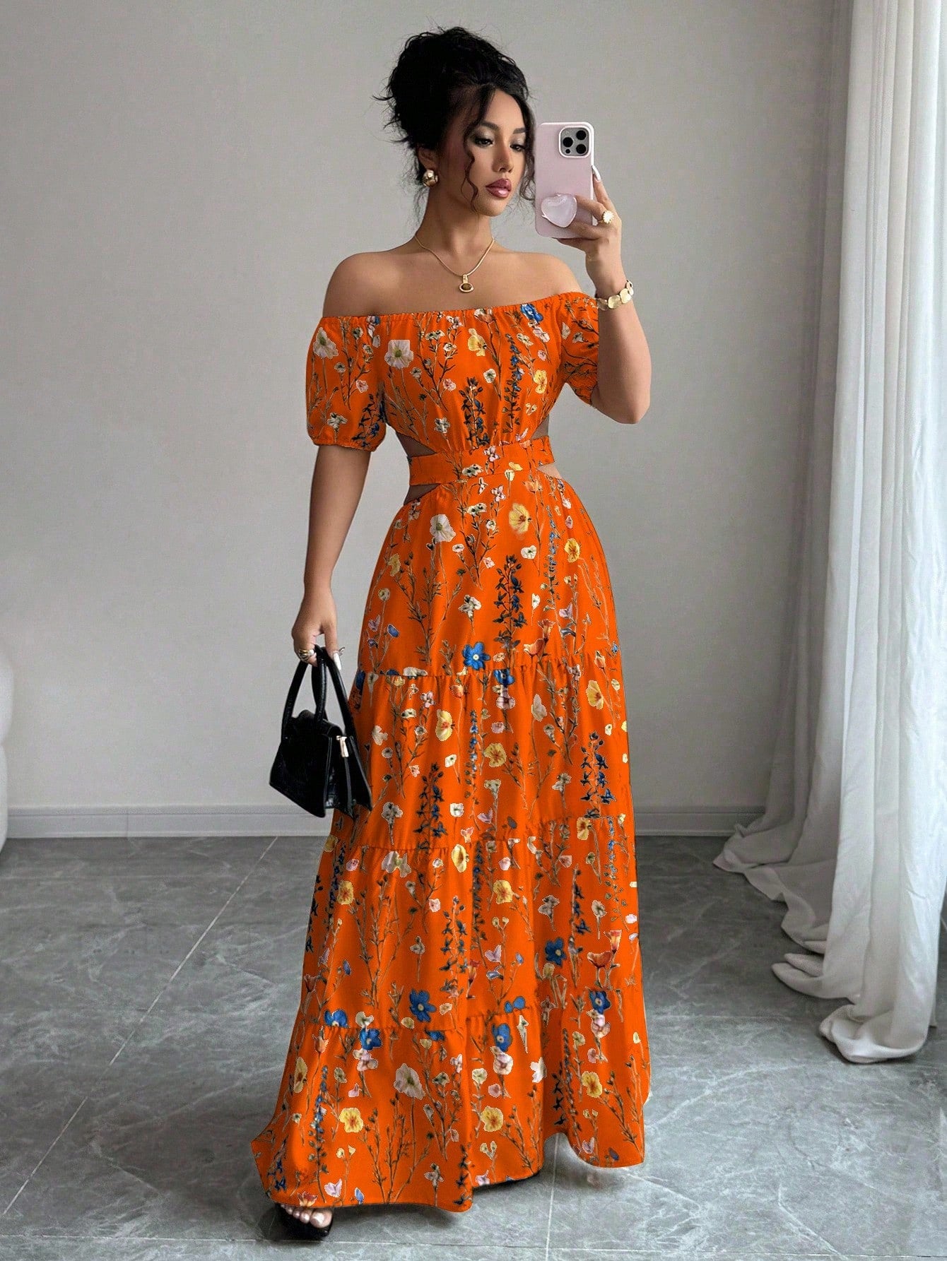 Floral Print Off Shoulder Hollow-Out Waist Elegant Maxi Dress OMFORT