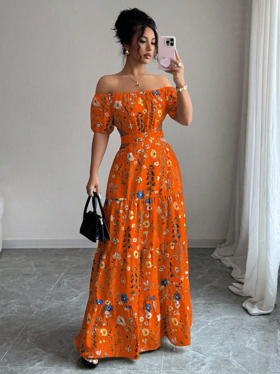 Floral Print Off Shoulder Hollow-Out Waist Elegant Maxi Dress OMFORT