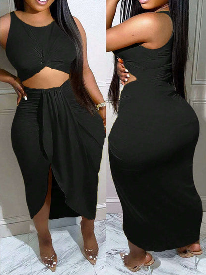 Cutout Knot Front Stretch Slim Fit Midi Party Dress OMFORT