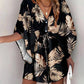 Tropical Print Button Down Drawstring Loose Mini Dress OMFORT