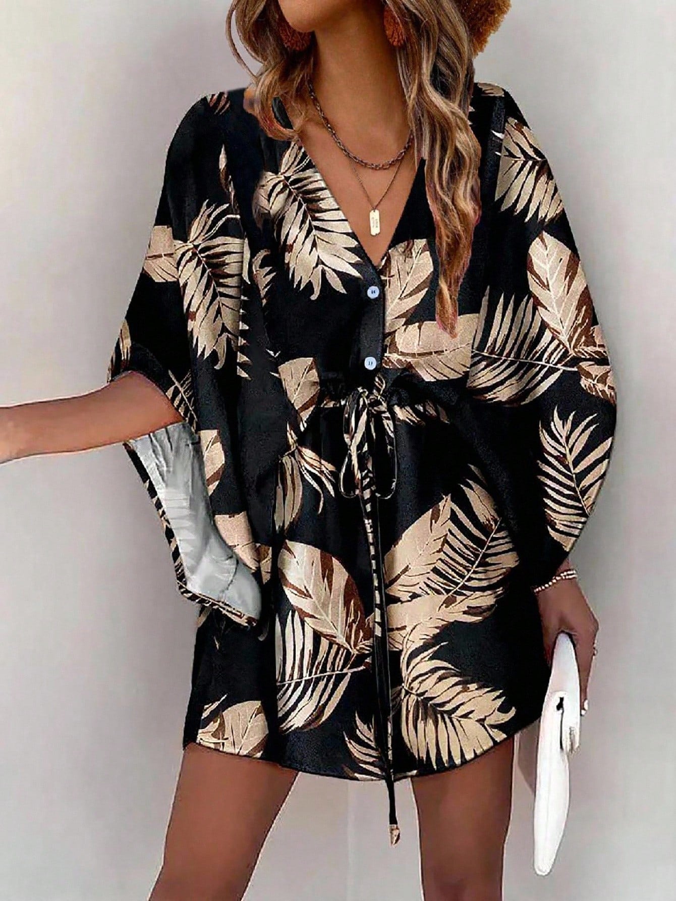 Tropical Print Button Down Drawstring Loose Mini Dress OMFORT