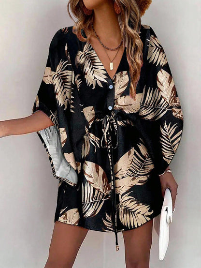 Tropical Print Button Down Drawstring Loose Mini Dress OMFORT