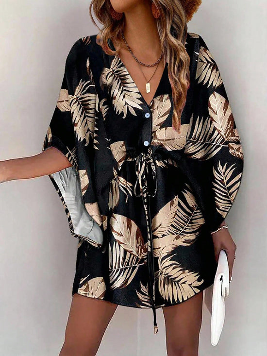 Tropical Print Button Down Drawstring Loose Mini Dress OMFORT