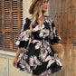 Tropical Print Button Down Drawstring Loose Mini Dress OMFORT