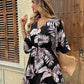 Tropical Print Button Down Drawstring Loose Mini Dress OMFORT