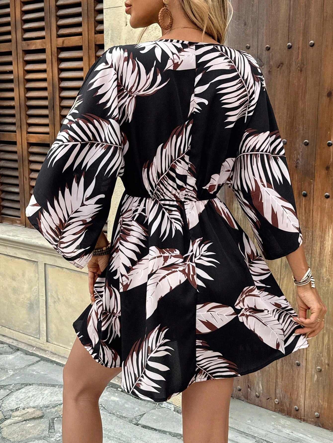 Tropical Print Button Down Drawstring Loose Mini Dress OMFORT