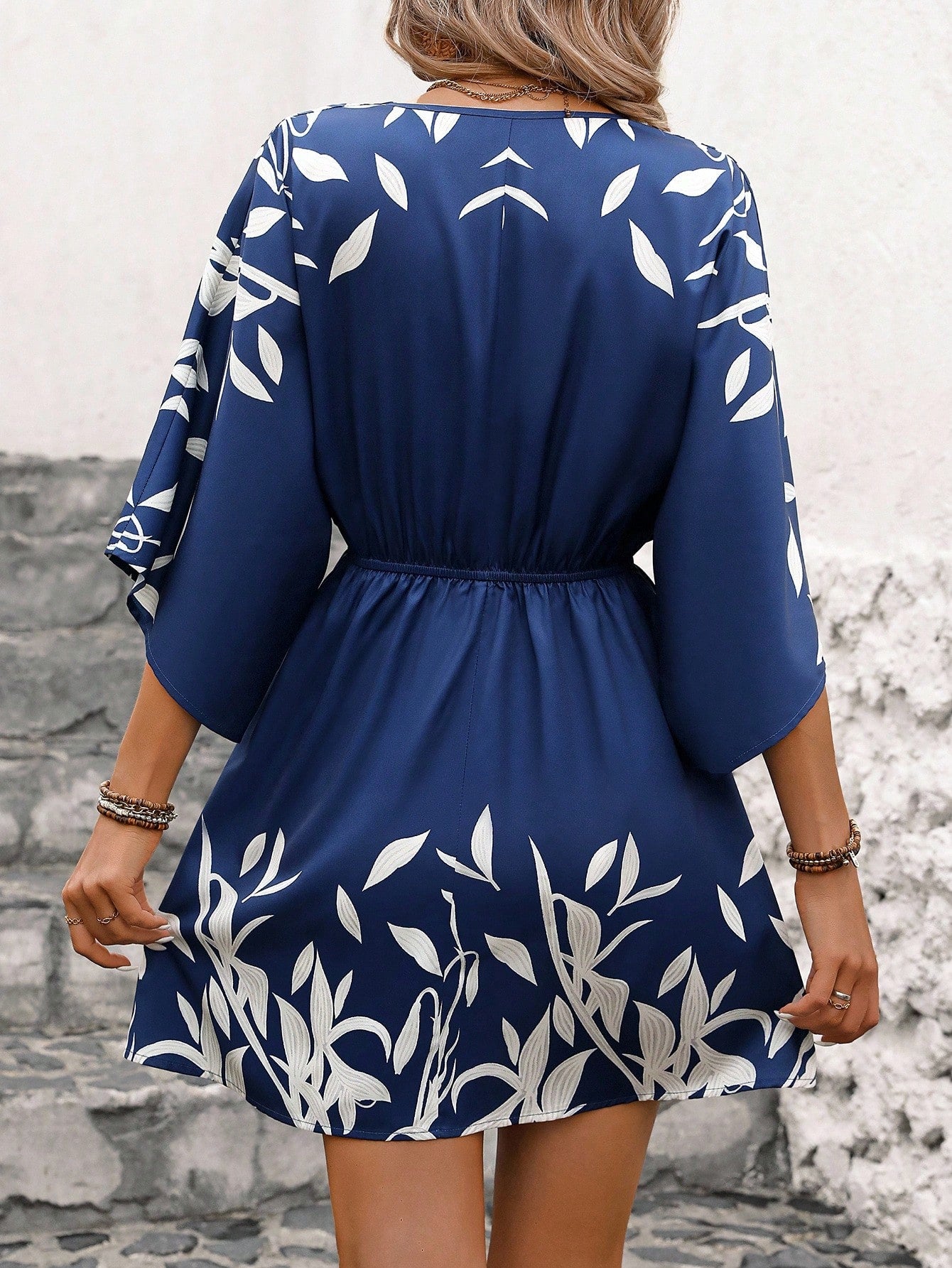 Tropical Print Button Down Drawstring Loose Mini Dress OMFORT