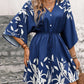 Tropical Print Button Down Drawstring Loose Mini Dress OMFORT