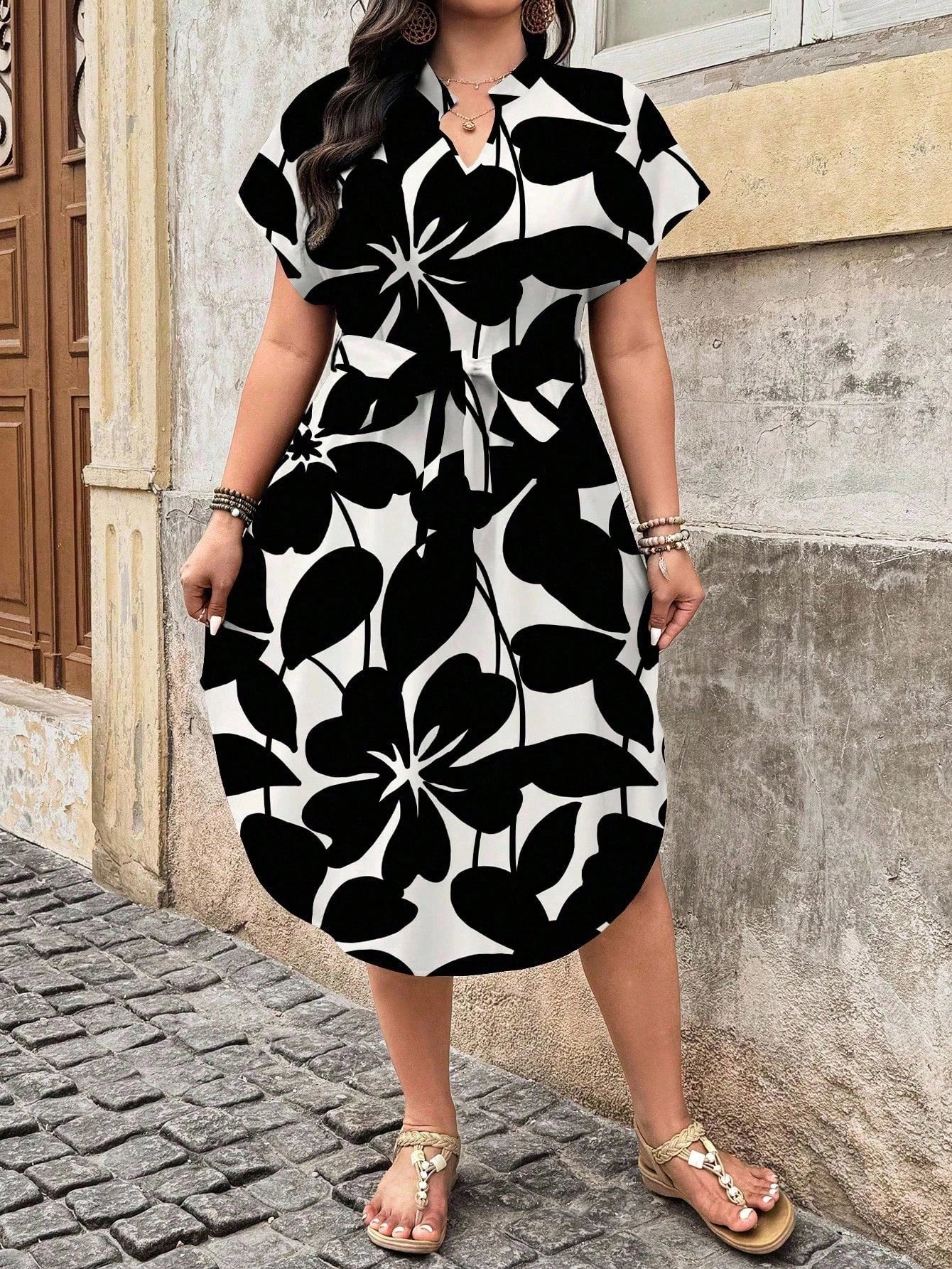 Summer Print Bawting Sleeve Casual Midi Dress OMFORT