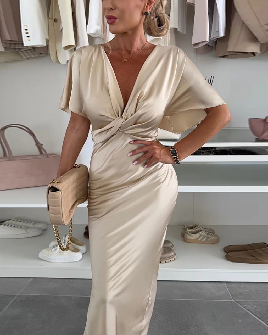 Elegant Twisted Front Satin Slim Fit Midi Dress OMFORT