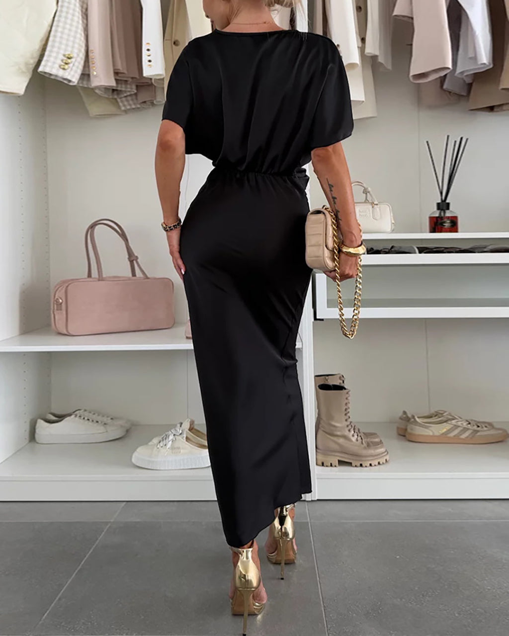 Elegant Twisted Front Satin Slim Fit Midi Dress OMFORT