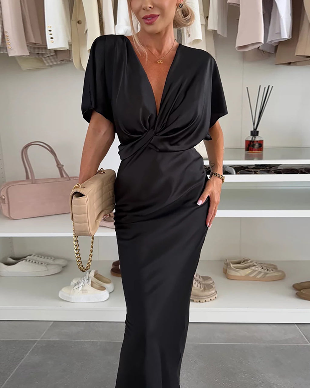 Elegant Twisted Front Satin Slim Fit Midi Dress OMFORT