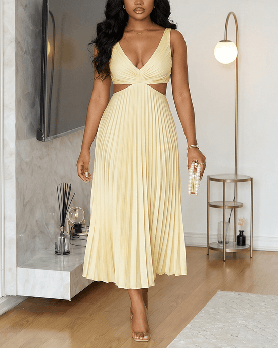 V-Neck Sleeveless Pleated Cutout Waist Loose Midi Dress OMFORT