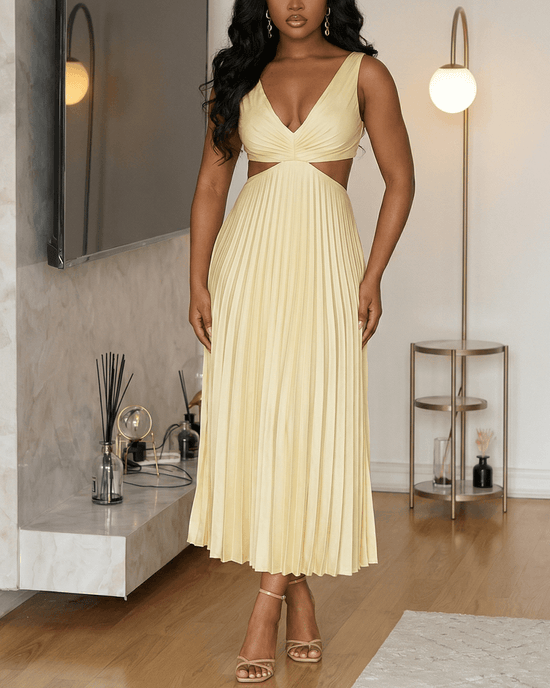 V-Neck Sleeveless Pleated Cutout Waist Loose Midi Dress OMFORT